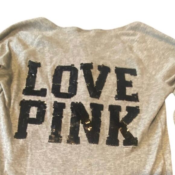 Victoria’s Secret PINK Gray Thermal Henley LOVE PINK Sequin Back Logo Size Large - Picture 3 of 5